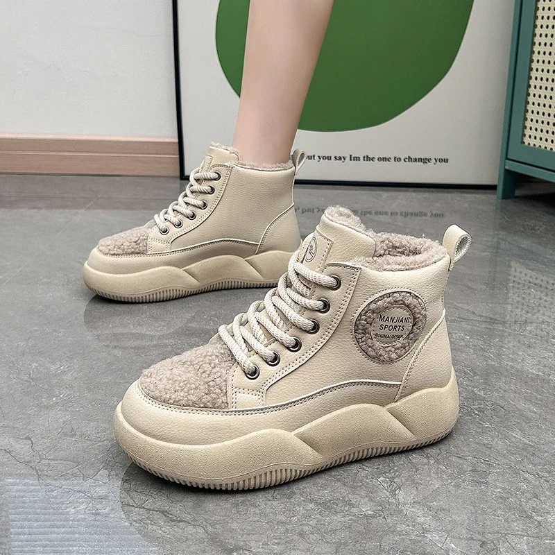 Leisure Ankle Boots Female Woman Winter Sneakers Women Shoes Flat Platform Shoes Mid Heels Warm Plush Modern Boots Zapatos Mujer