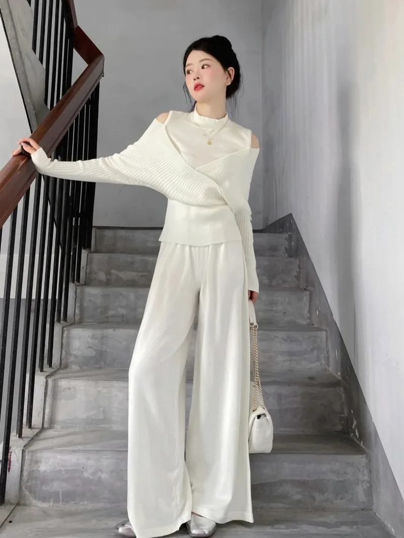 MiiiiX Office Lady Splicing Off-shoulder Fake Two-piece Knitted Sweater Women Pullover Wide-leg Pants Two-piece Suit Pant Sets