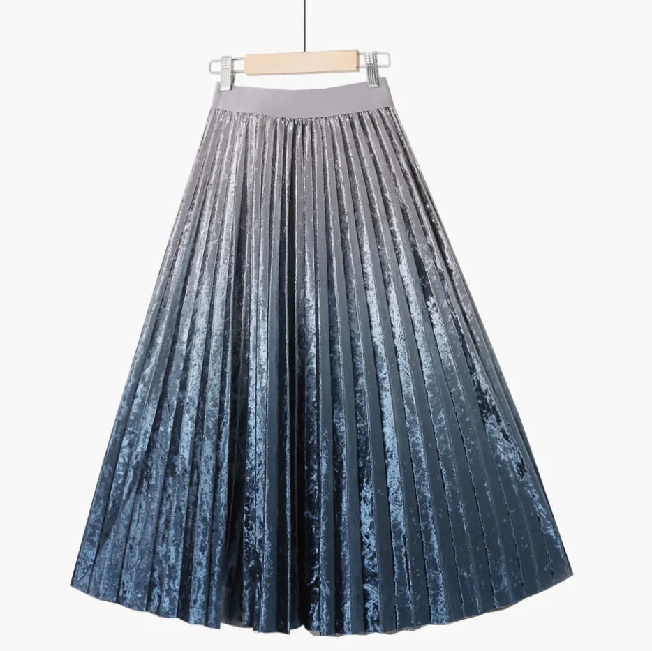 Autumn Winter 2023 New Korean High Waist Retro Slim Pleated Gradual Golden Velvet Mid length Skirts For Women Clothing bd858