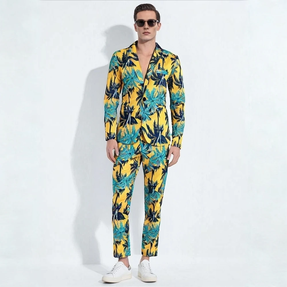 

（ Blazer Jacket + Pants ） Fashion Hawaiian Style Men Suits Set Plus Size Coconut Tree Printed Men's 2 Pieces Sets Streetwear 4XL