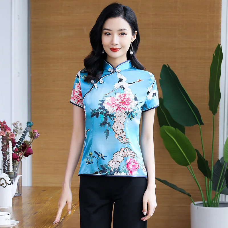 Preppy Style Retro High Quality Real Silk Blue Stand Collar Short Sleeve National Cheongsam Qipao Women's Dress Top