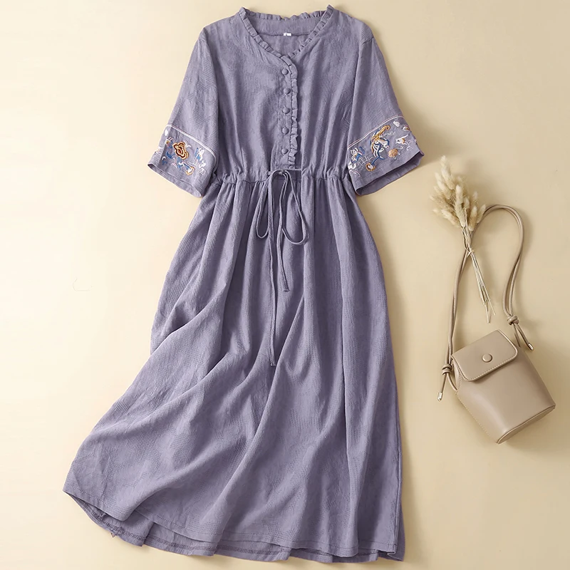 Linen and Cotton Dress Ladies 2024 Summer New Fashion Embroidery Loose Drawstring Straps Mid-length Mori Ruffle Casual Dress