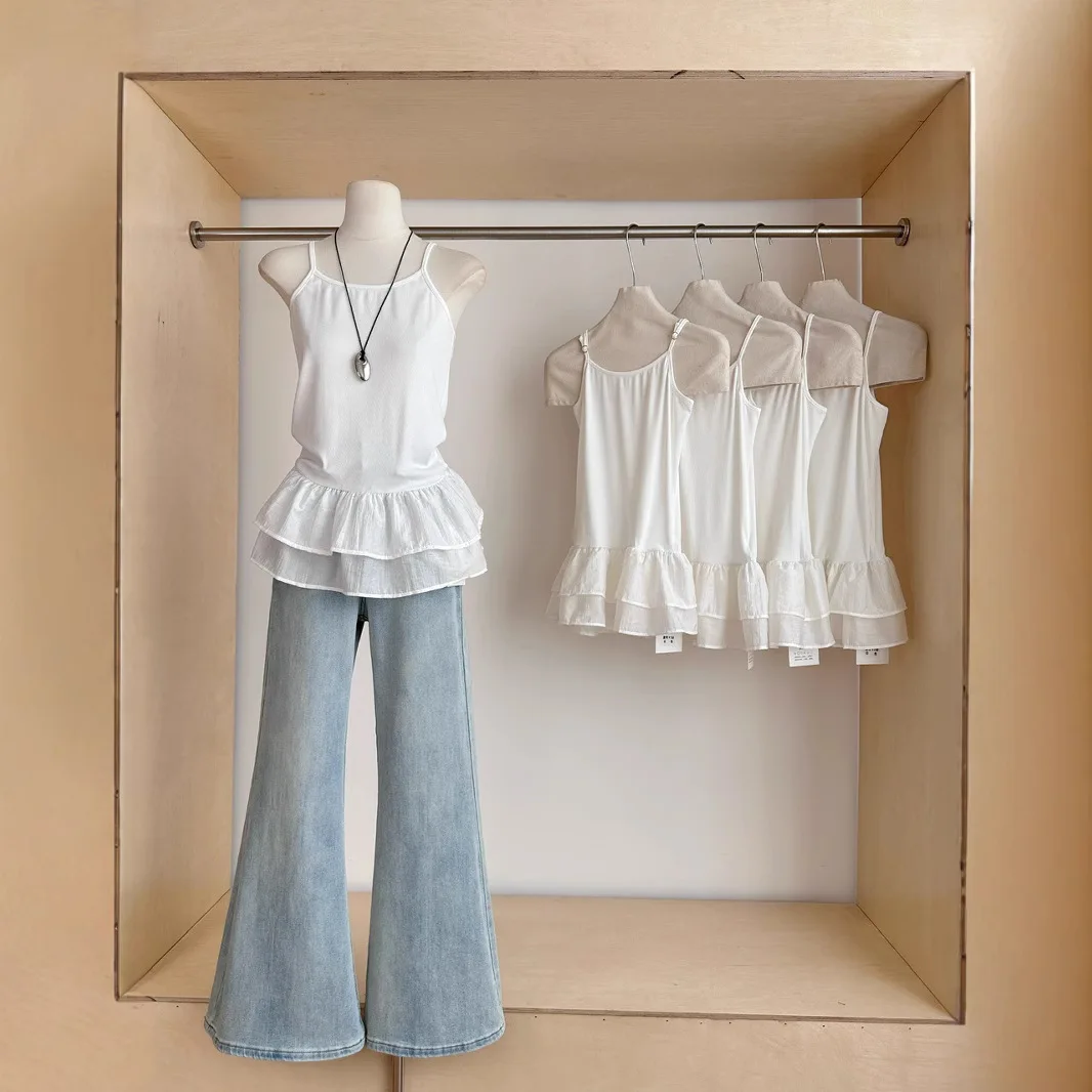 White Camisole Top for Women with Ruffle Double-layer Skirt Women Sleeveless Tank Top Splicing Slimming Strapless Base Vest Tee image 3