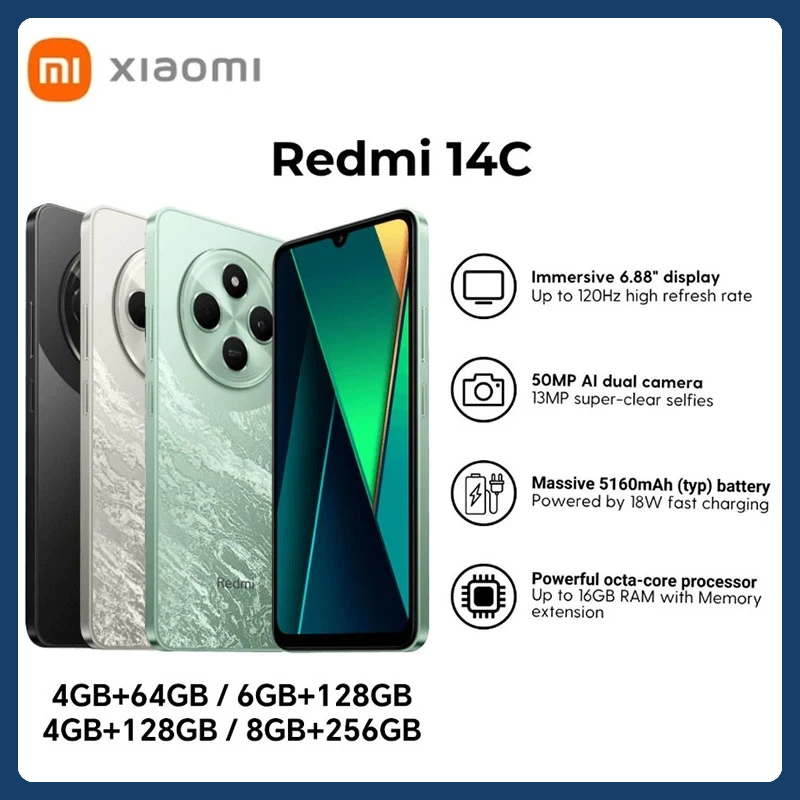 Xiaomi Redmi 14C Smartphone Immersion 6.88'' 120Hz Display 50MP AI Dual Camera Massive 5160mAh Battery Smartphone Mobile Phones