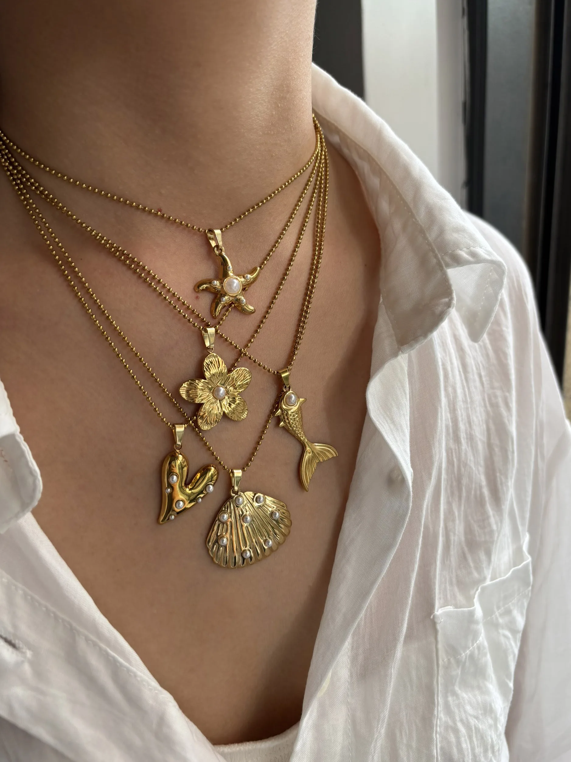 Peri'sbox 18K Gold-plated Imitation Pearl Marine Creature Flower Heart Pendant Necklace Women's Retro Exquisite Sweet Bead Chain