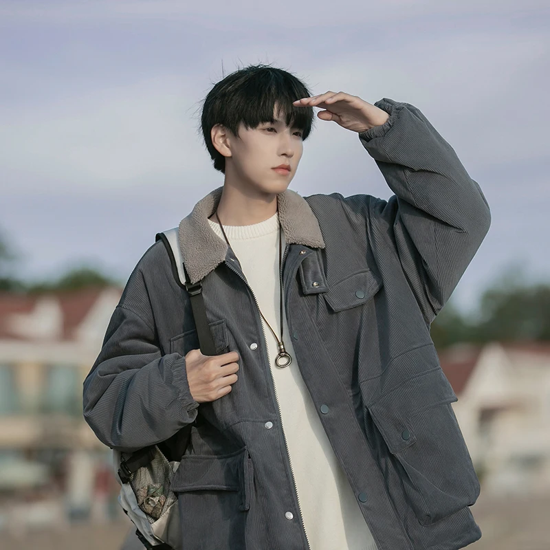 2025 Winter Japanese Retro Men's Coffee Corduroy Cotton Jacket Casual Fleece Lined Thickened Workwear Blue Beige Cotton Coat