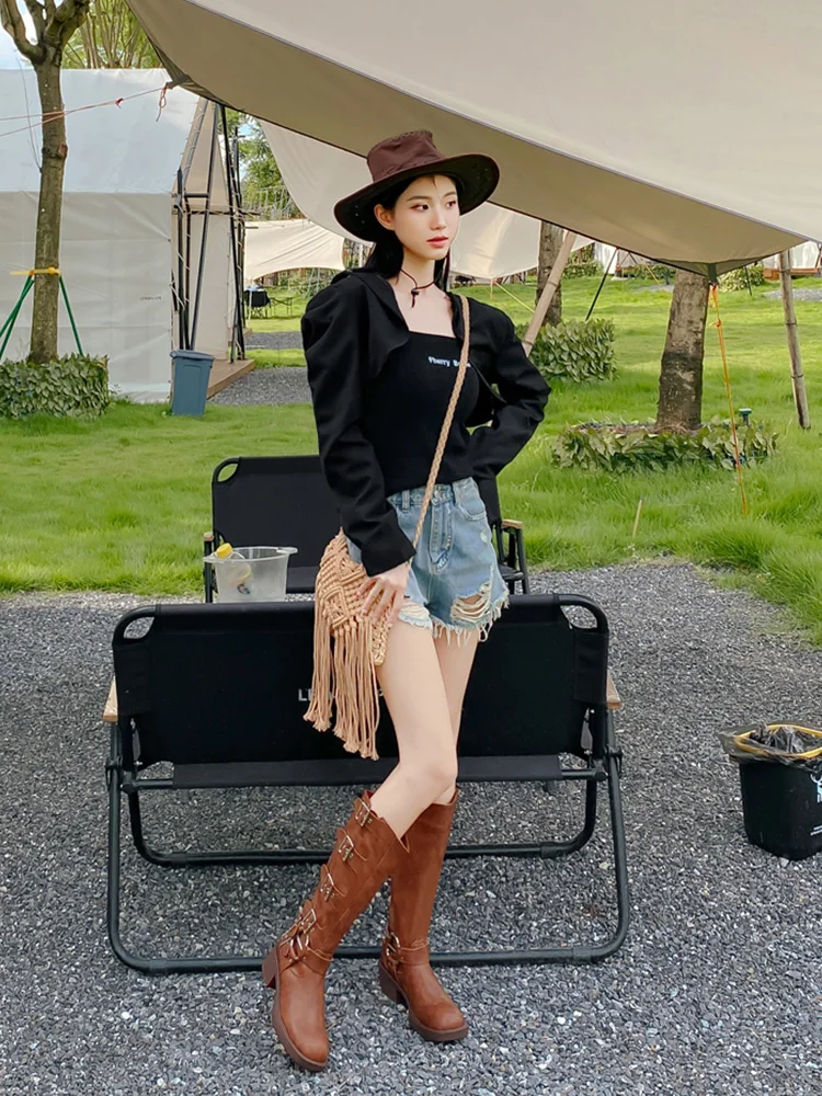 

Women's Long Tube Boots Western Cowboy Boot Thick Leg Knight Boot Xinjiang Boot Miu Ultrafine Fiber round Toe mid Heel