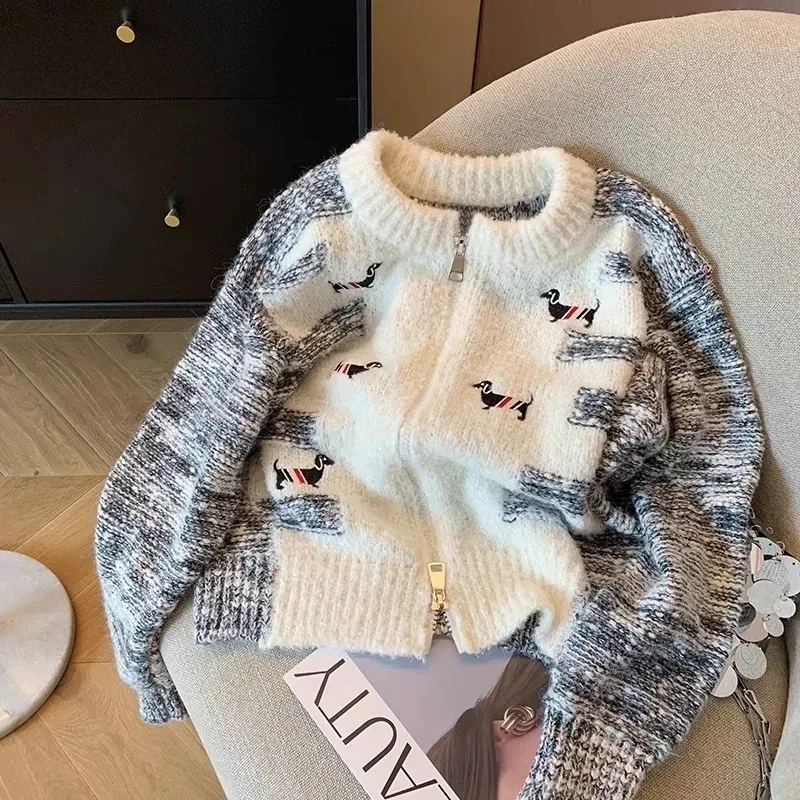 Women Patchwork Knit Cardigan Korean Embroidered Puppy Zip Up Sweater Fall Winter Long Sleeve Preppy Style Casual Warm Coat