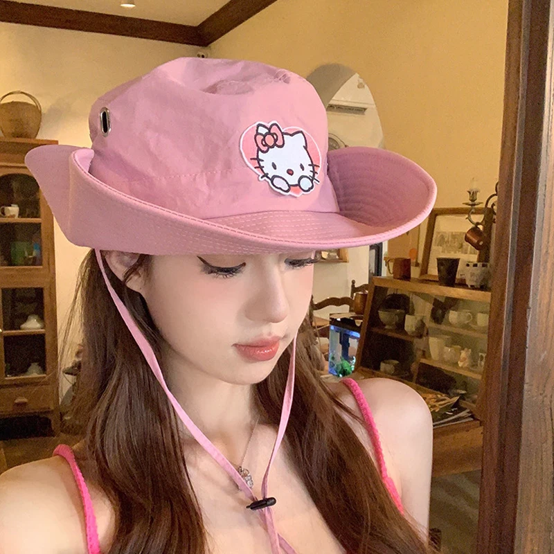 Kawaii Hello Kitty Mountaineering Hat Anime Sanrio Wide Brimmed Outdoor Women'S Sunscreen Hat Cute Girl Adjustable Fisherman Cap