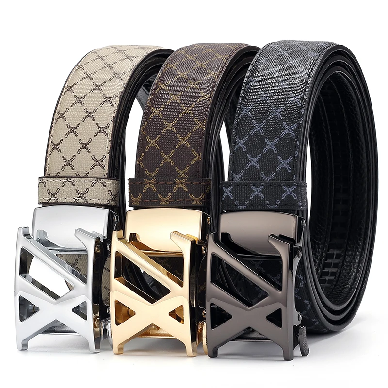 Mens Fashion Printed Faux Leather Waist Belt Automatic Buckle Luxury Casual Dress Belt For Daily Outfit