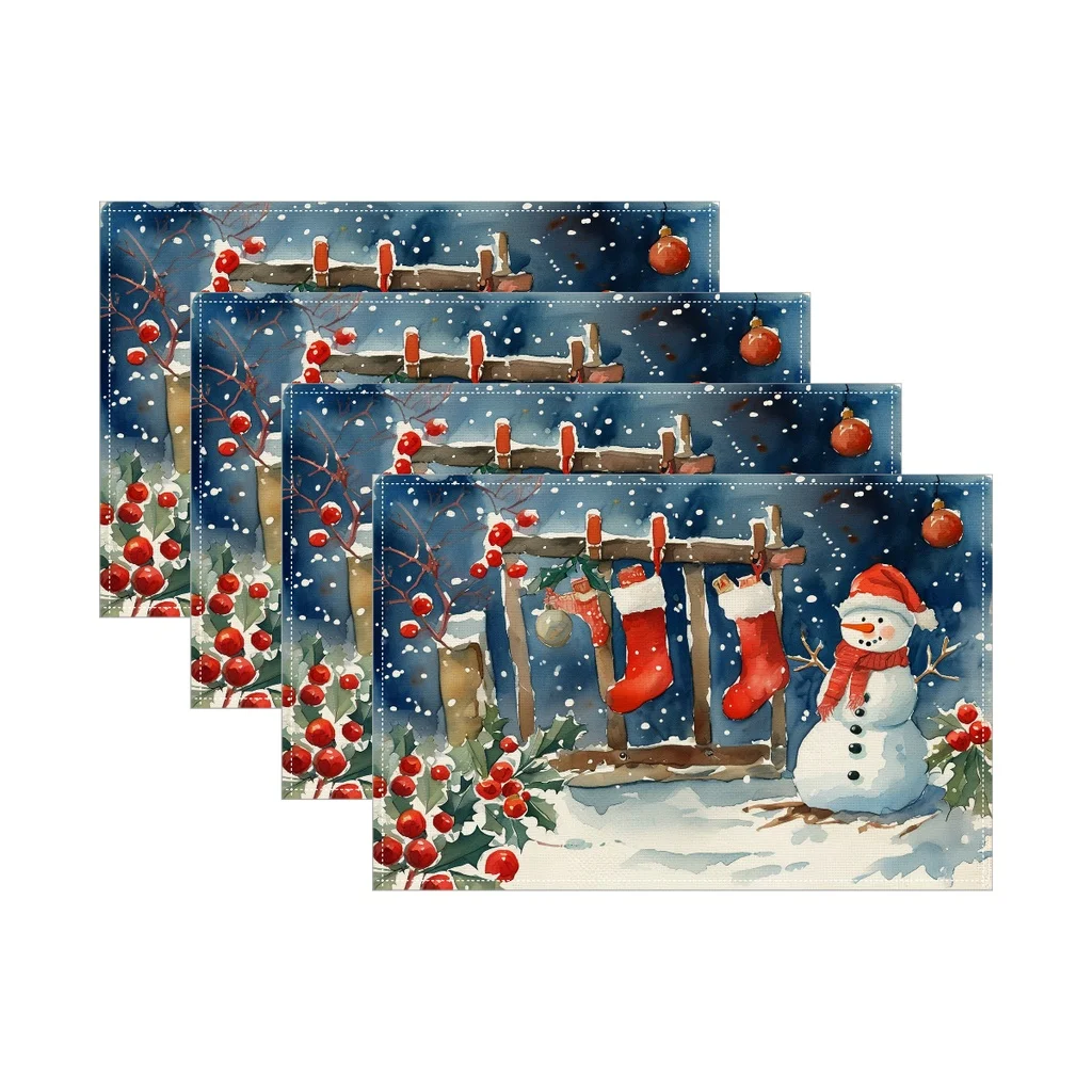 Cool‑toned Water‑wash Winter X‑mas Art Table Placemat Household Dinner Table Accessory for Holiday Time