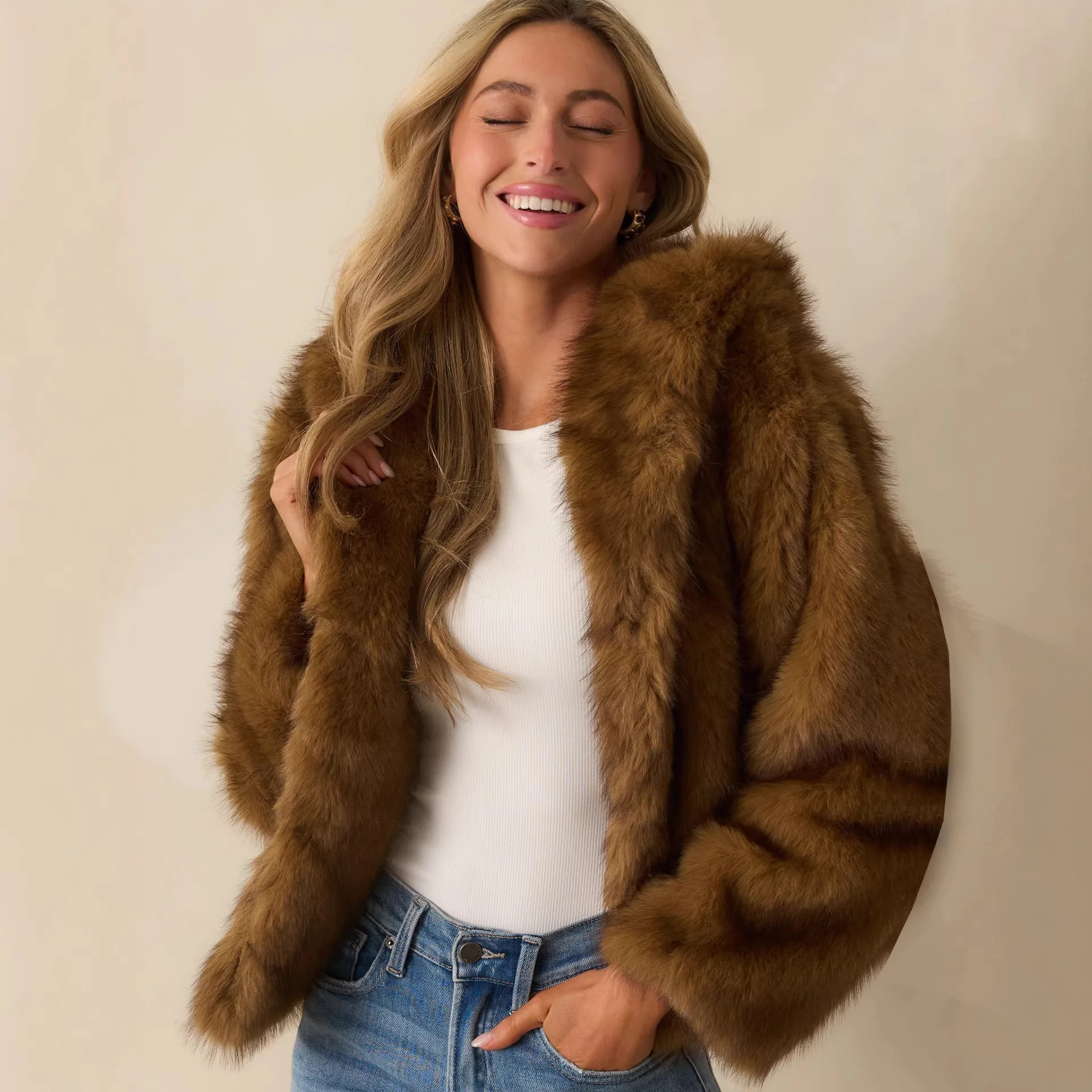 ONE TO WAN Brown Faux Fur Hooded Jacket European American Women's Coat Soft Plush Side Pockets with Ribbed Lining Fashion