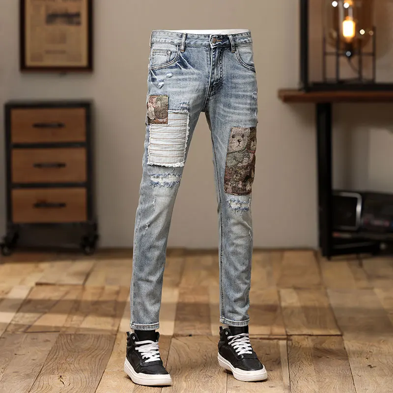 Calça Jeans rasgada azul clara com ajuste magro, designer de calças jeans Hip Hop, moda retrô, rua alta, remendada