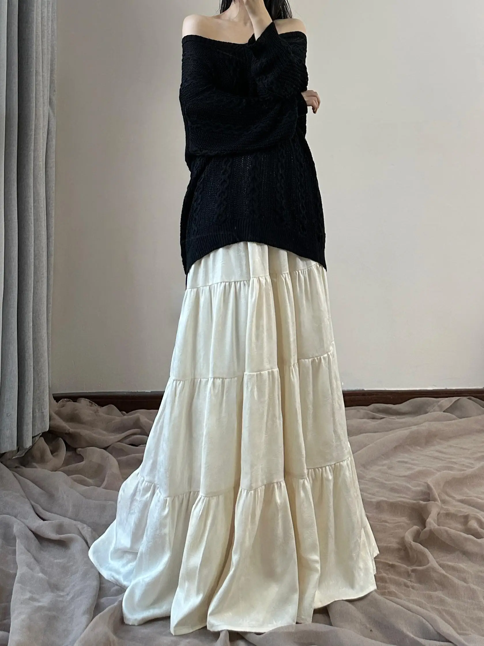 

Ele White Asymmetrical Hem Long Skirt High Waist Cake Sle Floor Length A-Line Midi Skirt for Women Korean Sle