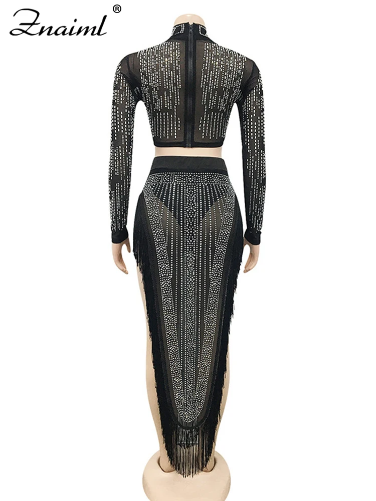 Znaiml Sexy Black Mesh Rhinestone Crop Tops and Tassel Long Skirt Two 2 Piece Women‘s Elegant Luxury Evening Party Matching Sets