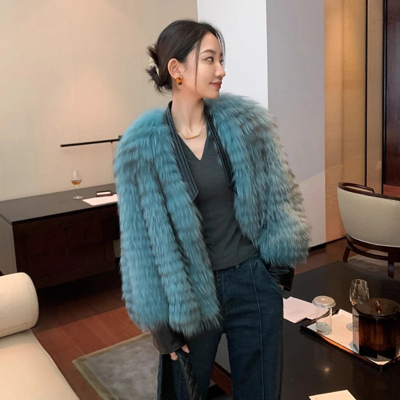 معطف YOLANFAIRY للخريف والشتاء مستورد من فراء الثعلب بالكامل للنساء بياقة على شكل حرف v وأكمام طويلة سترة فضفاضة للتنقل من الفرو schuba vrouwska 2025