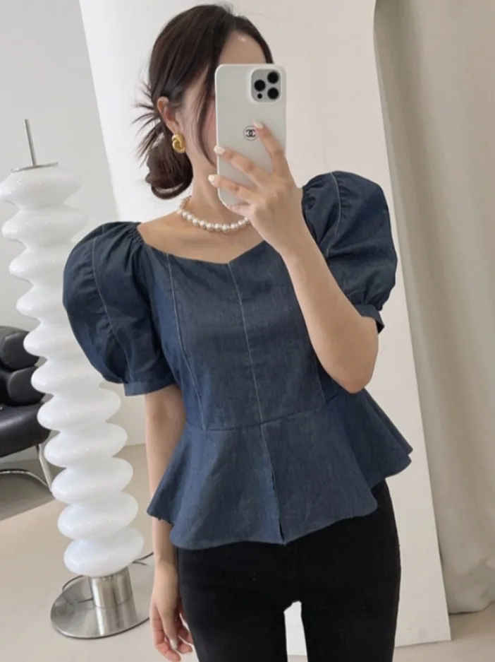 Retro Sle Women's Denim irt Summer New Waist-Cinching Slim ort Sve One-oulder Top Floral Lace Trim Commute Sle