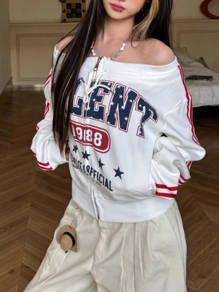 E-girl um ombro y2k recortado zíper cardigan estilo americano vinatge magro topo feminino monograma listrado webbing moletom 2000s