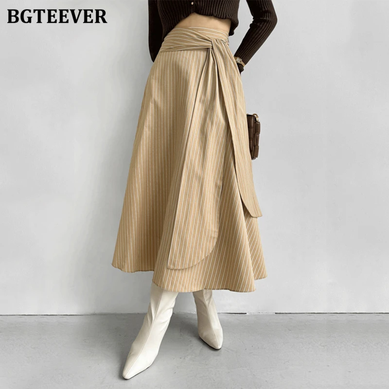 BGTEEVER Spring Summer Stylish Lace-up Women Long Striped Skirts Elegant Loose Irregular Female A-line Skirts