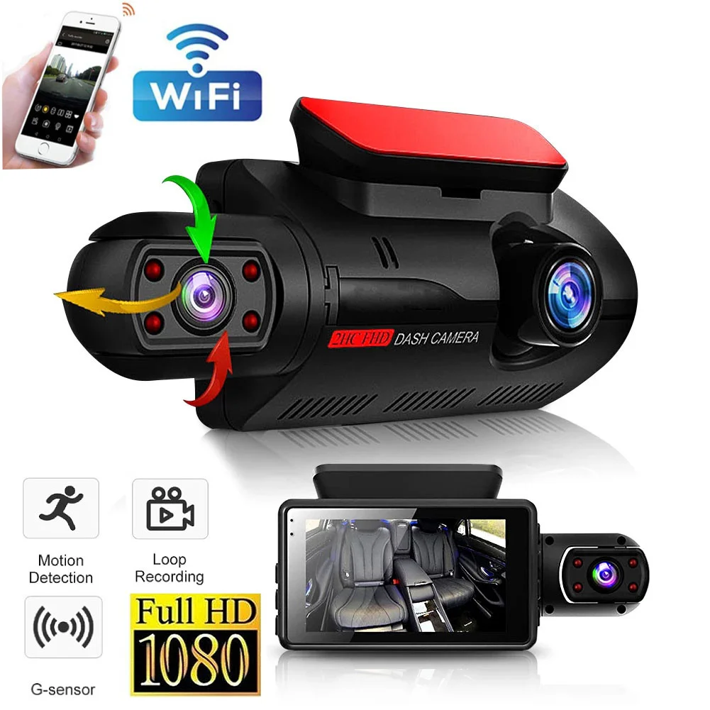 3 Channel Dash Cam Front Inside Rear Three Way Car Dash Camera, 1080P Dual Channel  WiFi IR Night Vision Camcorder