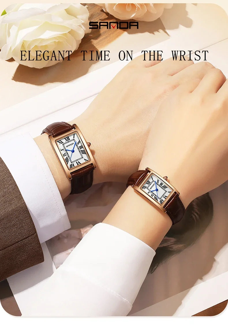 SANDA New Leisure Leather Strap Men Women Couple Tank Watches Vintage Korean Roman Scale Square Temperament Quartz Wristwatch