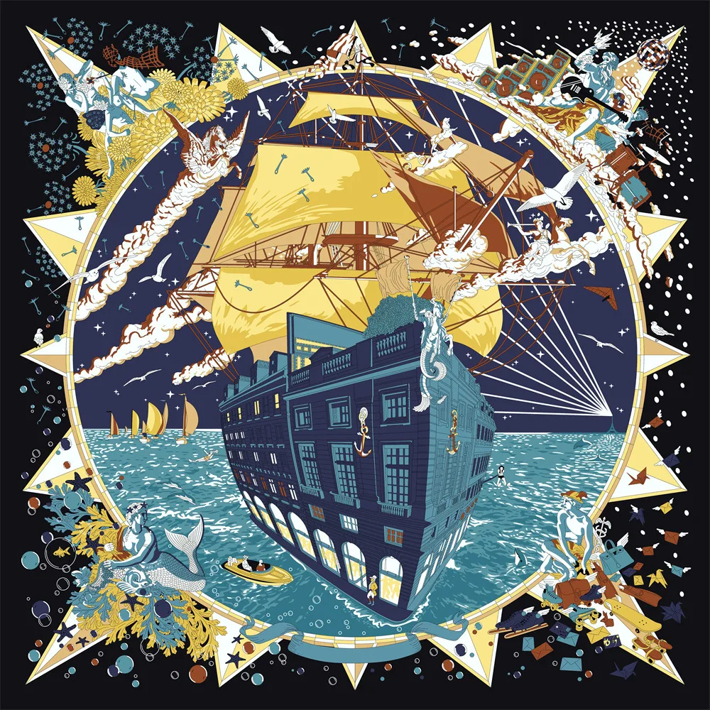 

130*130cm New Design Twill Silk Scarf Women Luxury Sailboat Print Beach Shawl Bandana Kerchief Femme Fourlard Echarpes Stoles
