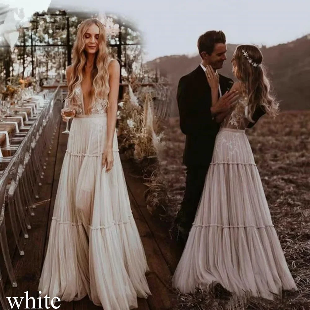 Vintage Bohemian Boho Wedding Dresses Sexy Deep V-Neck Backless Boho Country Style Bridal Gown Romantic Beach Vestido Customized