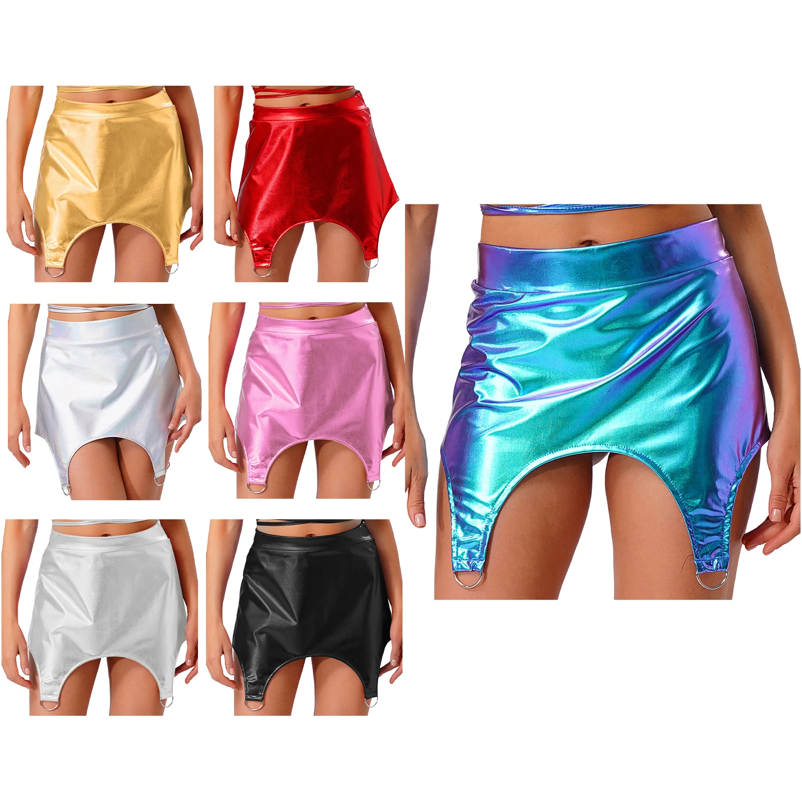 Mini jupe taille haute pour femmes, jarretelles élégantes, anneaux en D, ourlet incurvé, couleur unie, pour Raves, Costumes de Club de fête musicale