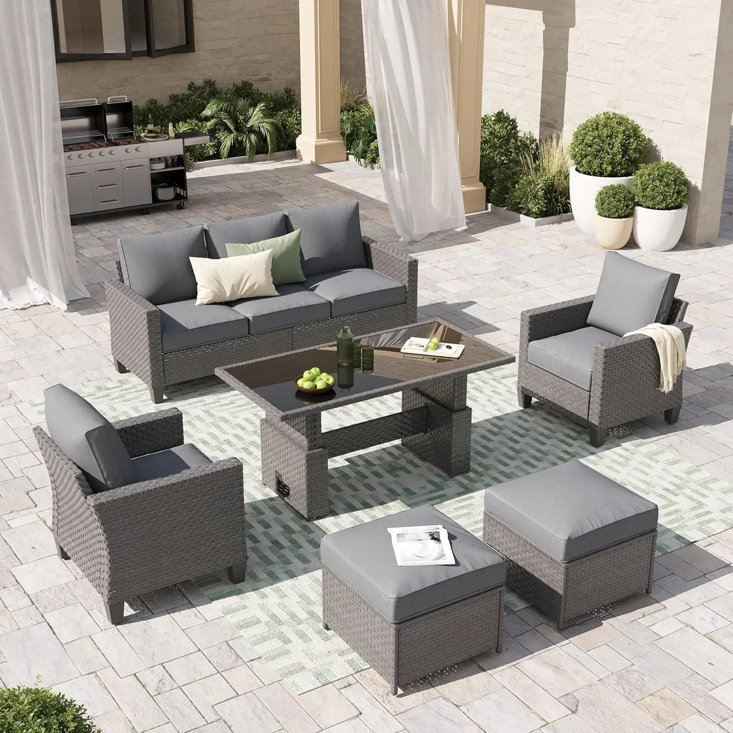 6pcs Grey PE Rattan Outdoor Sectional Sofa Set Lift Table Dining Ottoman Weatherproof Garden Backyard Poolside Customized