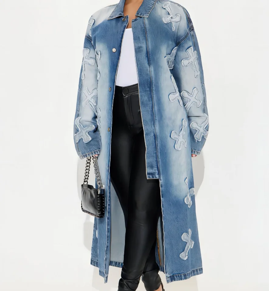 2026 エレガントな新作カジュアルレディース秋冬ストリートファッションクロス刺繍ロングウィンドブレーカー女性服