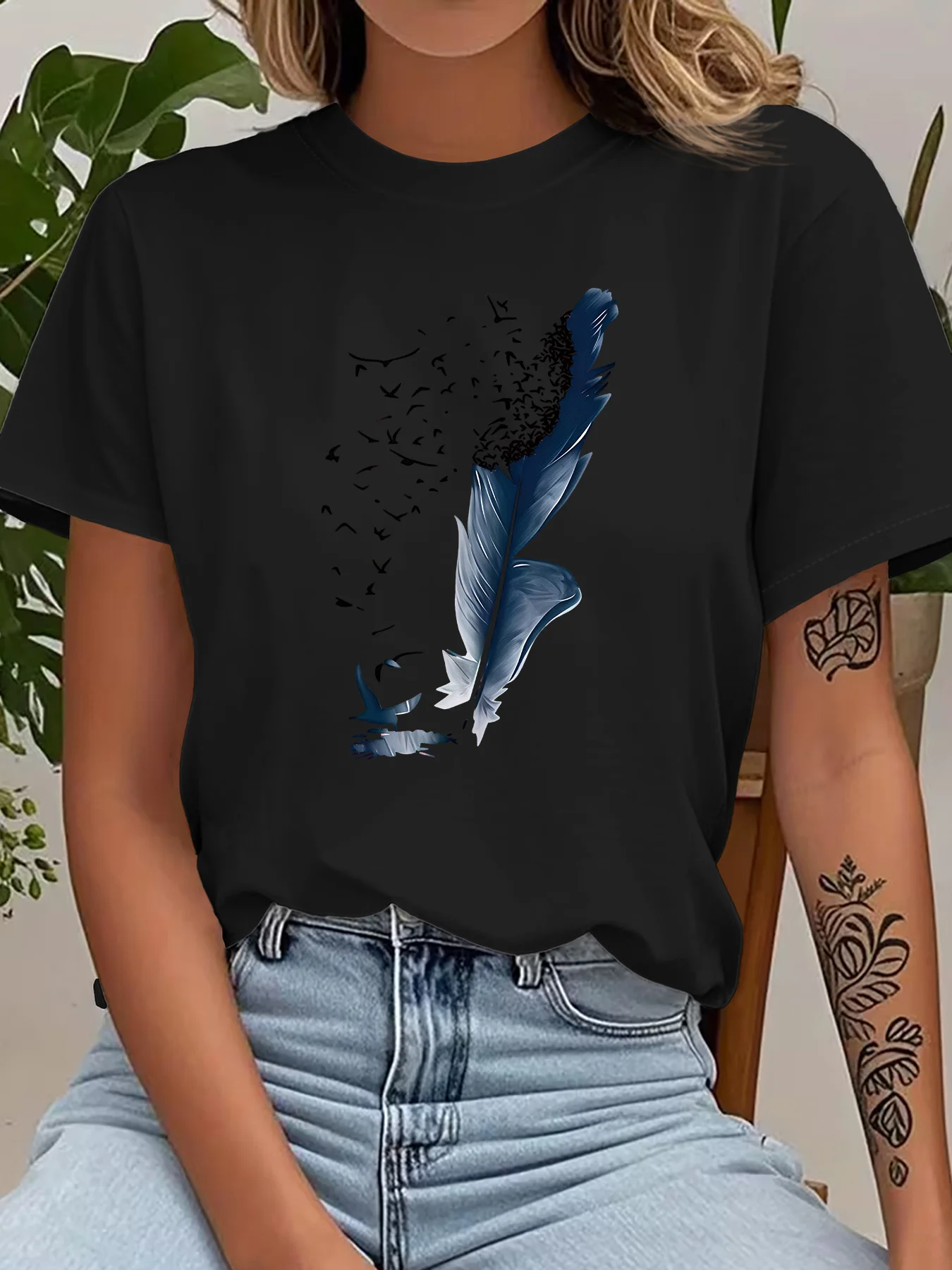Cute Dark Feather Flying Birds Silhouette Abstract Art Print Graphic Ladies T Shirt Short Sleeve Crew Neck Casual Tee Tops