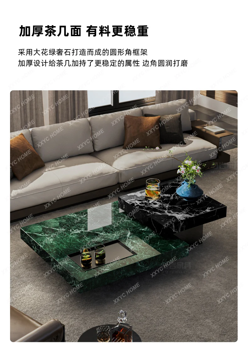 

YYNatural large flower green luxury stone coffee table household high-end suspended square coffee table combination