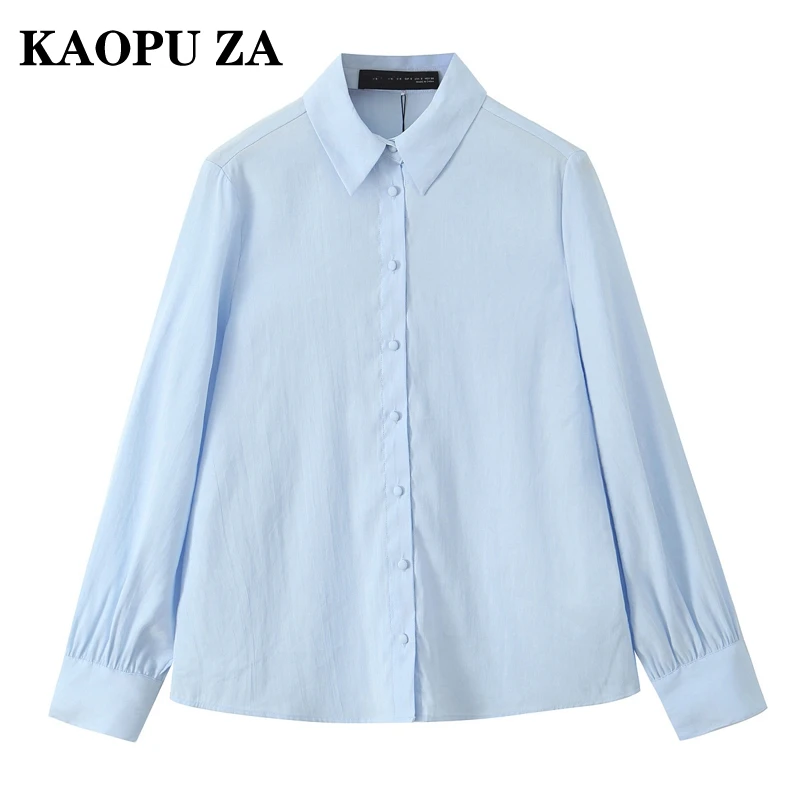 

KAOPU ZA 2024 Autumn New Women's Wear Office Lady Blue Long Sleeve Shirt Turn-down Collar Solid Color Casual Coat Top