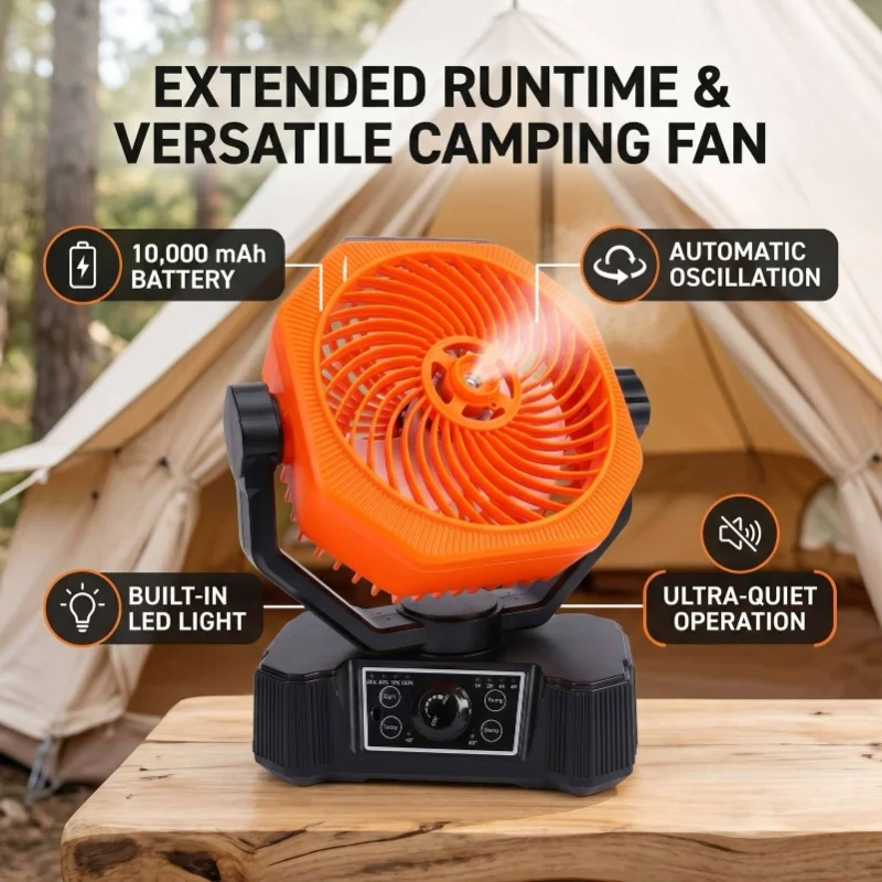 Auto Oscillating Camping Misting Fan 10000mAh Battery Tent Fan With LED Light For Office Travel Yard