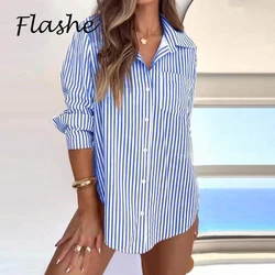 Spring Autumn Women Long Sleeve Button Blouses Striped Printed Oversized Shirts For Women Casual Blouses Office Tops