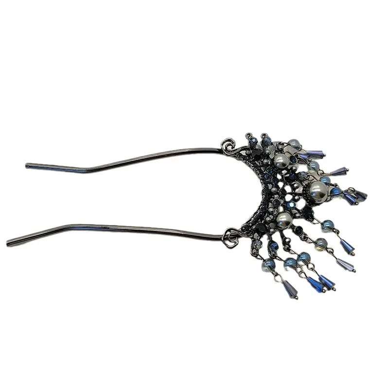 Simple and modern U-shaped pearl hairpins, elegant crystal tassel hairpins, high-end updo hairpins, Hanfu headwear for women