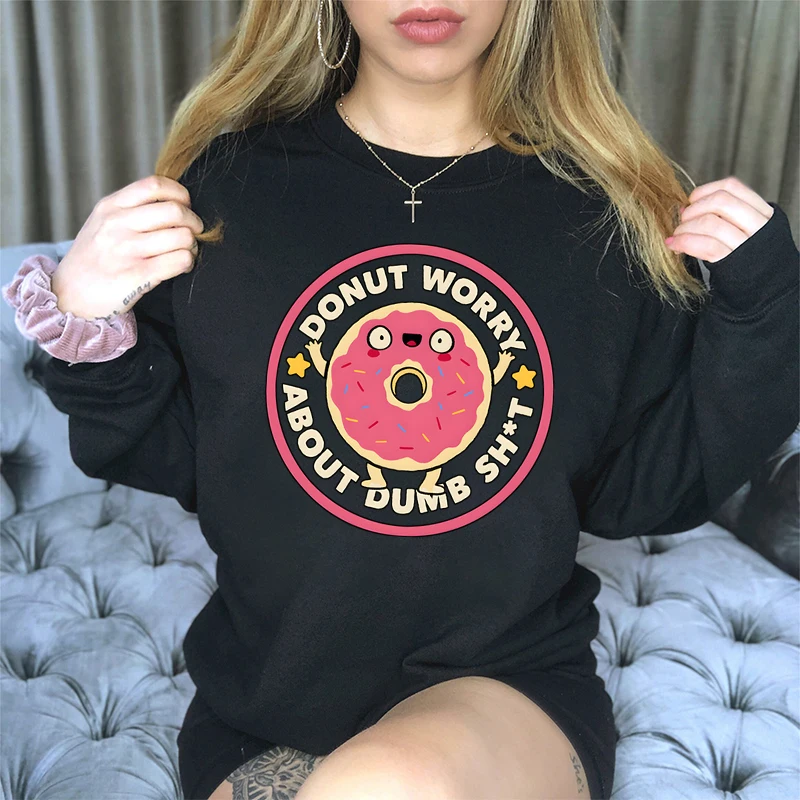 Sweatshirts Sweet Doughnut Print Hoodless Pullovers Women Fashion Donut Design Tracksuit Female Crew Neck Long Sleeve Sportswear