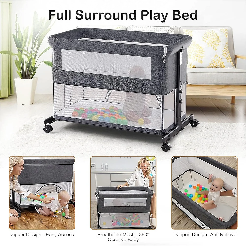 Baby Crib 2 in 1 Bedside Crib Baby Playpen Adjustable Height Rotatable Wheels Cozy Mattress Mosquito for Newborn Baby Infants