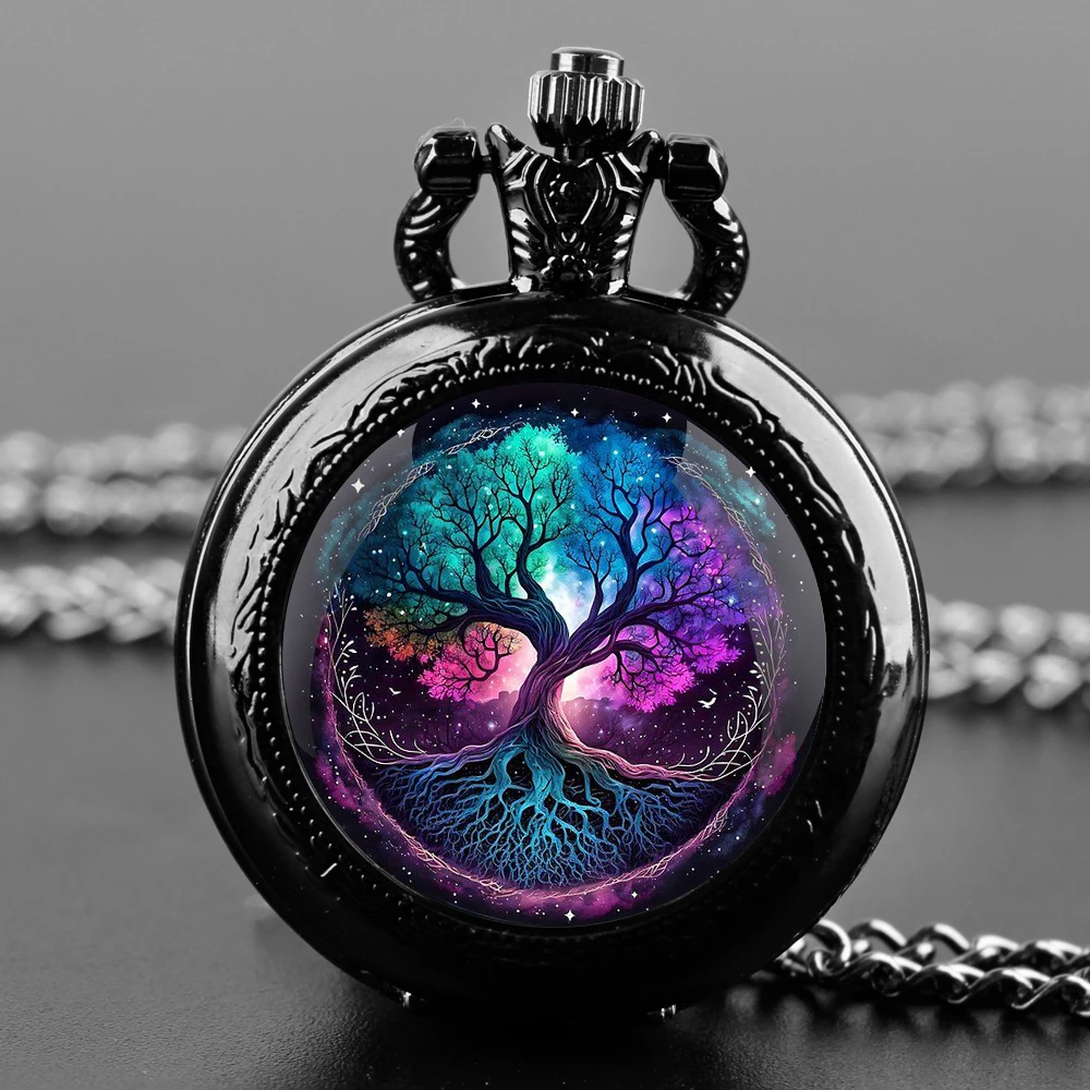 Montre de Poche à Quartz en Verre avec Arbre Magique pour Homme et Femme, Cadeau Exquis, Collier avec Chiffre Arabe, Pendentif