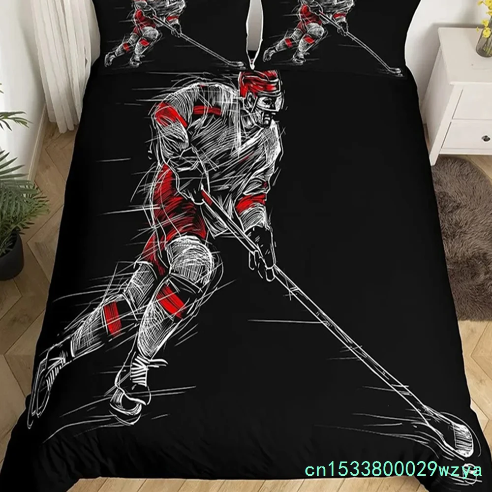 Ice Hockey Duvet Cover Set Full Queen Size Geometric Check Patchwork Stylish Bedding Set Athlete Winter Sports Comforter Covers