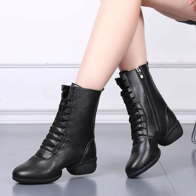 Large Size Women's Dance Boots Soft Bottom Leather Surface Square Dance Shoes Fall Winter Season Rubber Sole Footwear