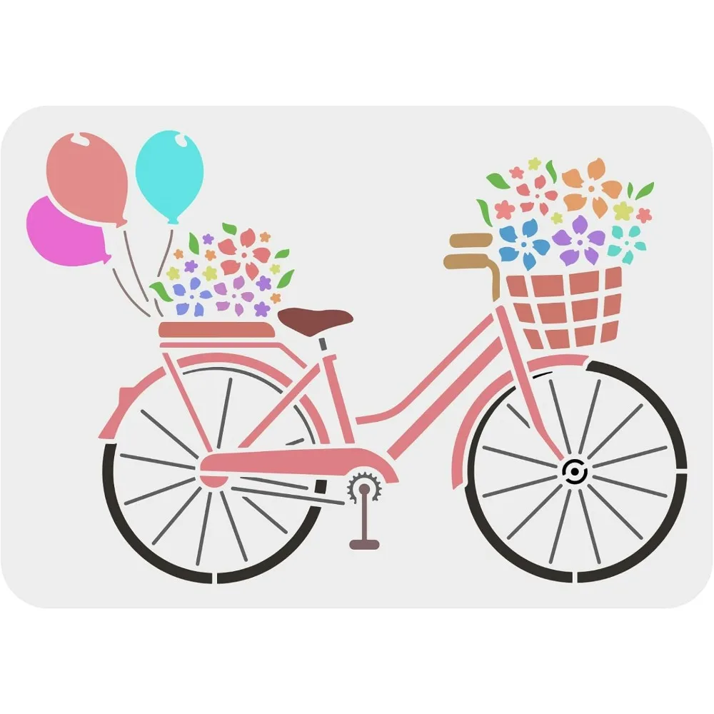 Bicycle Stencil Template 11.7x8.3 inch Flower Stencils Plastic Bike Balloon Flowers Pattern Painting Stencil Reusable DIY