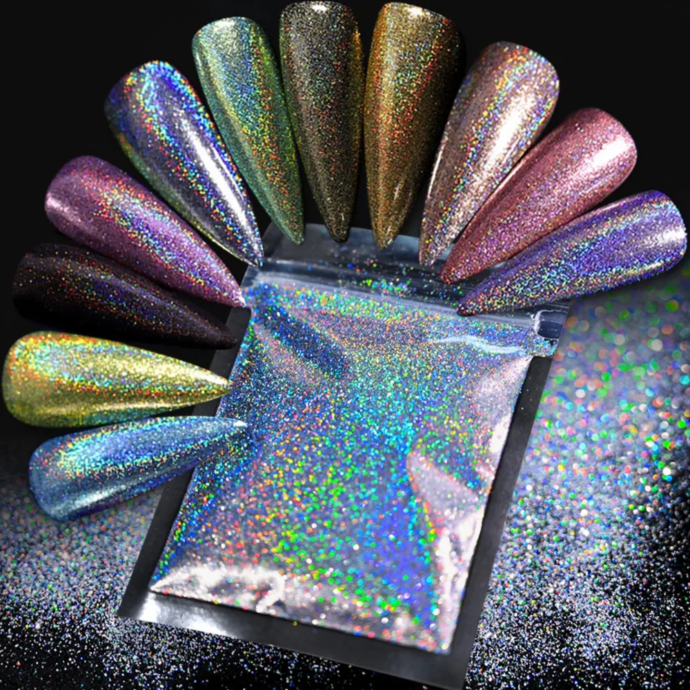 50 g/zak Holografisch Nagelpoeder Fijne Regenboog Holo Eenhoorn Spiegel Lasereffect Nail Chrome Pigment Ultrafijn Laser Glitter Poeder