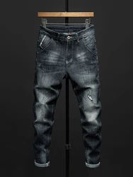 Fashion Ripped Men's Slim Straight Stretch Jeans Korean Personality Streetwear Denim Pants Classic Black Hip Hop Male Trousers