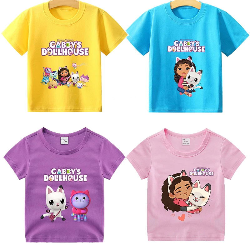 Gabby Dollhouse T-shirt for Children Girl Cartoon Cotton Tees Anime Summer Top Themed Birthday Clothes O-neck Short Sleeve Gift