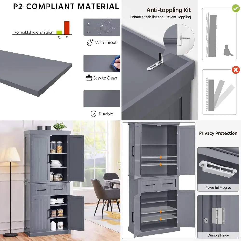 

Высокий регулируемый кухонный шкаф-кладовка 72,5 дюйма с раздвижной дверью, серый