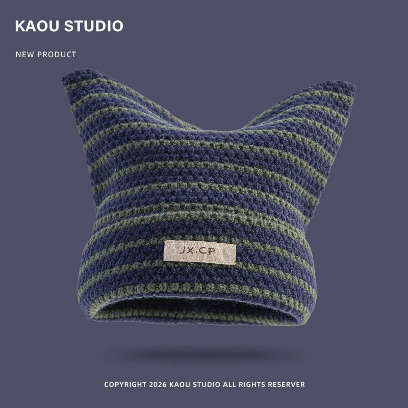 Japanische Dopamin-Mütze mit süßen Katzenohren, gestreift, gestrickt, mit Ohrenschutz und Wärmeisolierung, Y2k Skull Beanie für Männer und Frauen – Detail 4