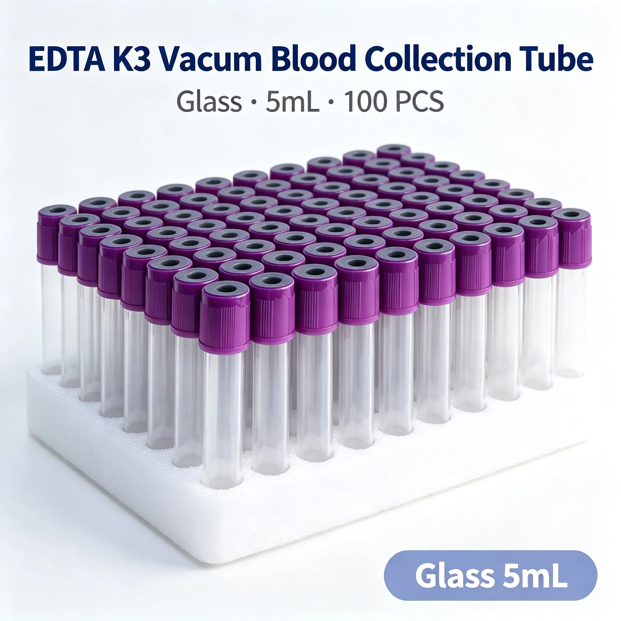 100 PCS EDTA K3 Vacuum Blood Collection Tube 5mL Disposable Purple Cap Glass for CBC Routine Blood Test