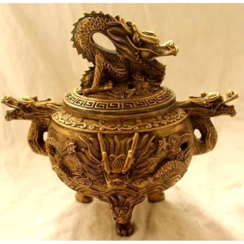 antique bronze carved tripod statue Lucky Incense Burners Handwork dragon Censer