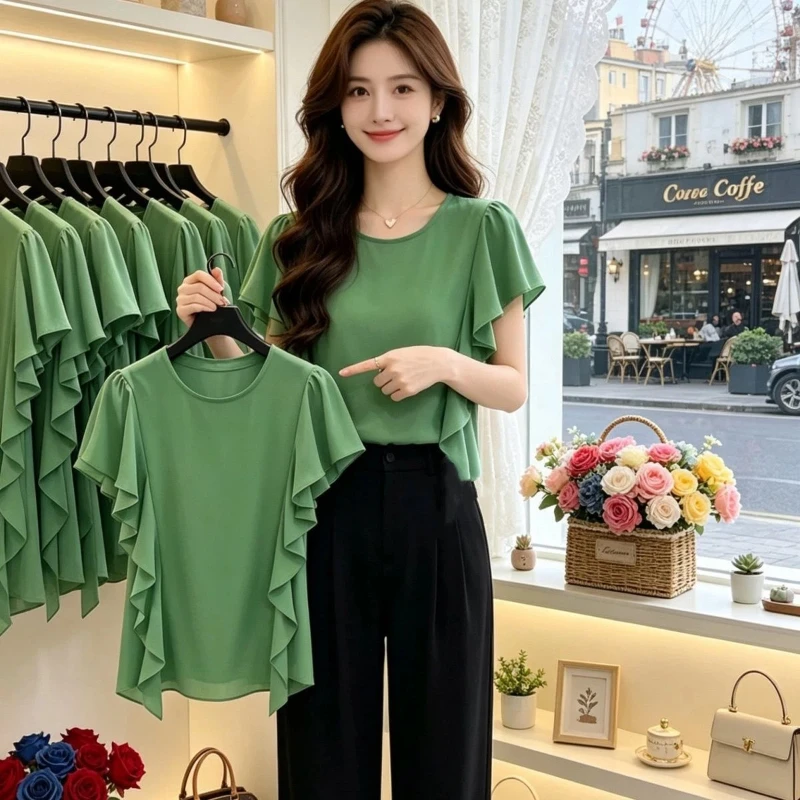 New Chiffon Ruffles Patchwork Elegant Shirt Tops Women Clothing Summer Solid All-match Simplicity Vintage Blouse Casual Office